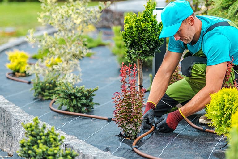 Homem manuseando um sistema de irrigação simples