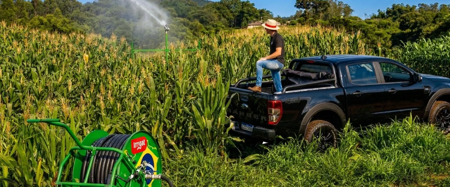 Imagem de produtor em cima do veículo olhando a irrigação