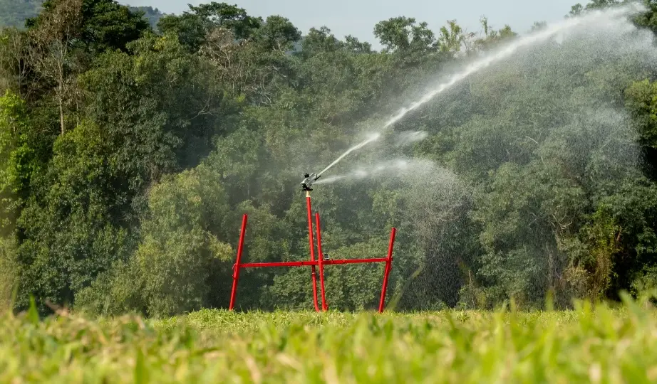 A imagem mostra o carro aspersor vermelho irrigando uma área de pastagem