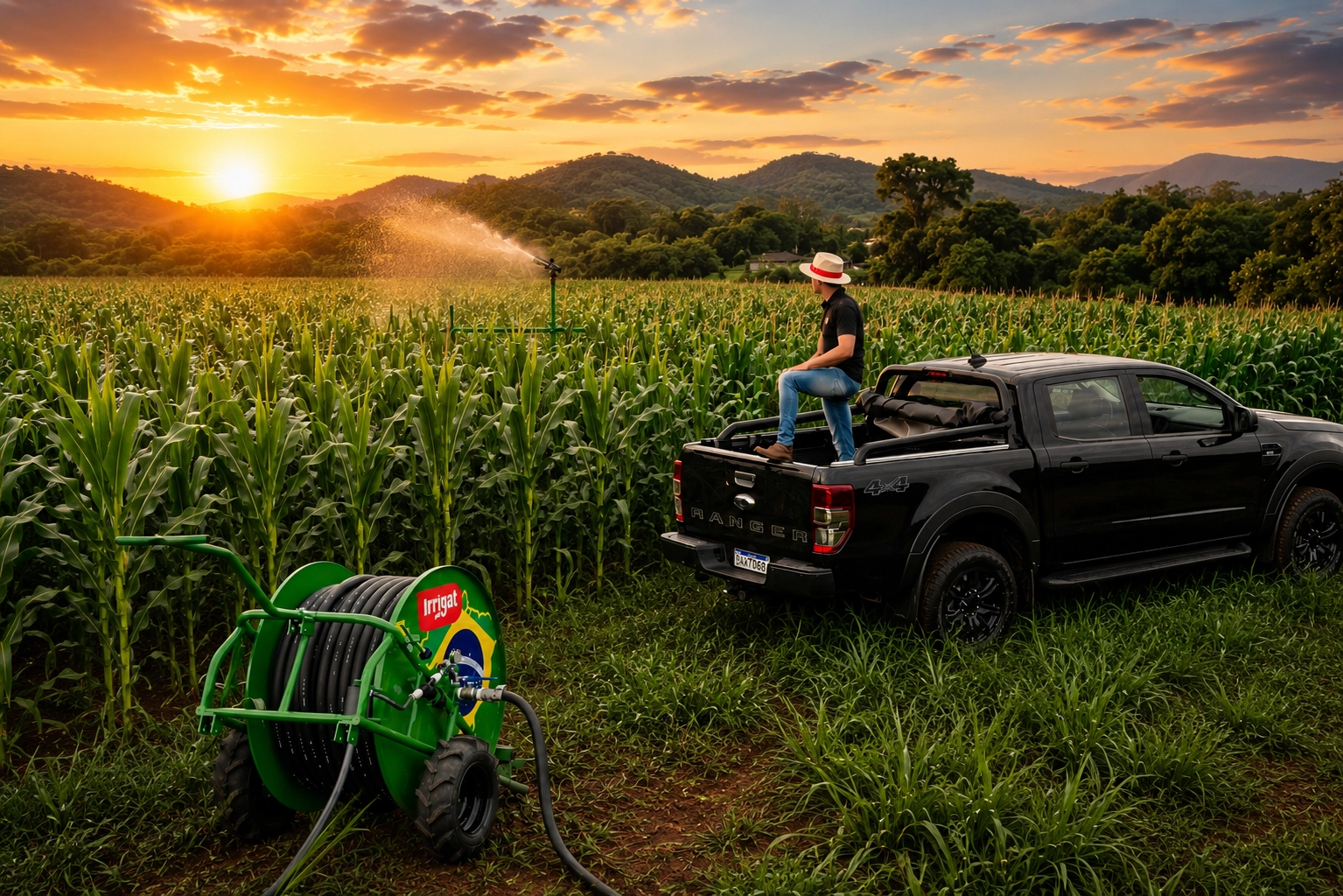 A imagem mostra o carretel Irrigat 50/120 irrigando uma lavoura de milho. Ao lado, o produtor está na carroceria de uma caminhonete acompanhando o trabalho