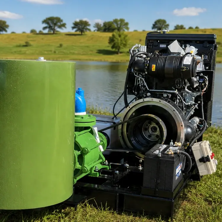 Motobomba a diesel 4 A imagem mostra uma motobomba a diesel com tanque de escorva para fertirrigação