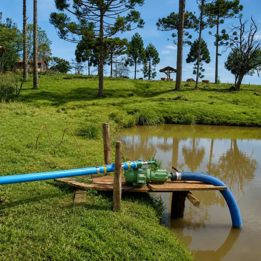 Motobomba elétrica 3 A imagem mostra uma motobomba elétrica instalada na beira de um açude