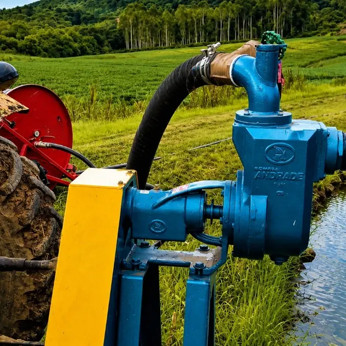 Motobomba tratorizada 1 A imagem mostra uma motobomba tratorizada na beira de um açude e o carretel de irrigação funcionando ao fundo